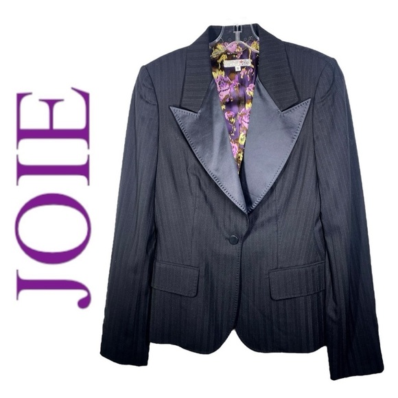 JOIE Black Satin Lapel Pin Striped 1-Button Hourglass Blazer Floral Lining Small - Picture 1 of 12